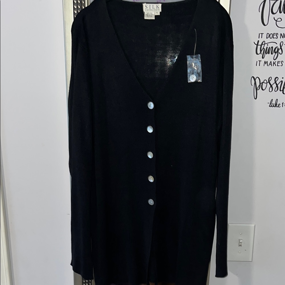 Black V-Neck Silk Cardigan Sweater with Long Sleeves